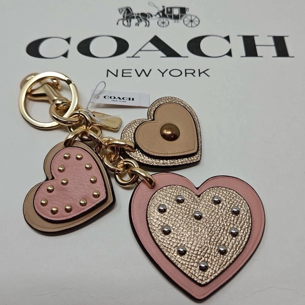 Coach Studded Signature Heart Keychain Bag Charm F40696 NEW Pink Tan Gold